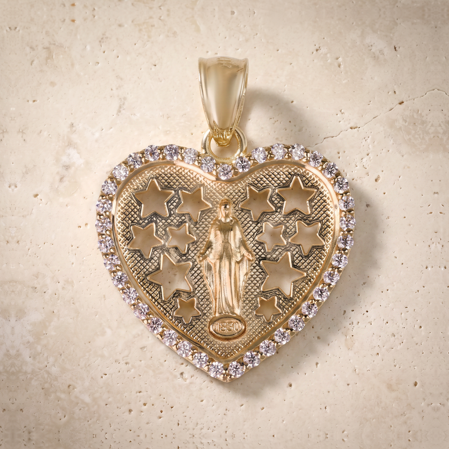Miraculous Medal Diamond Heart Pendant In 14K Solid Gold