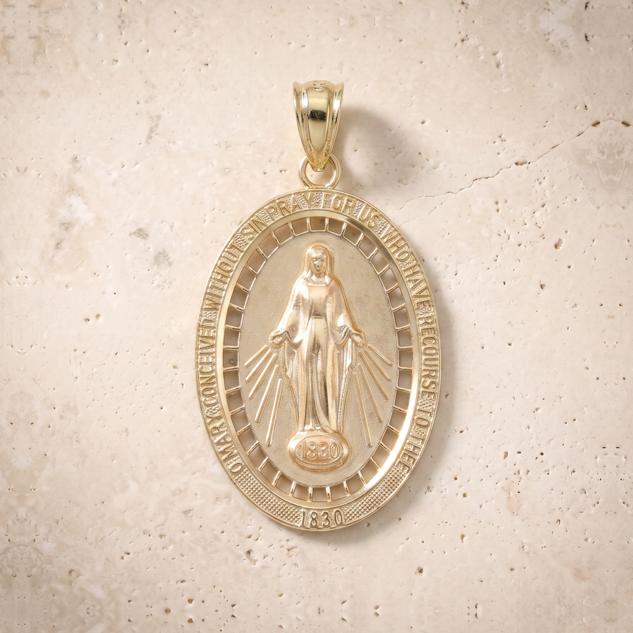 Miraculous Medal Pendant In 14K Solid Gold