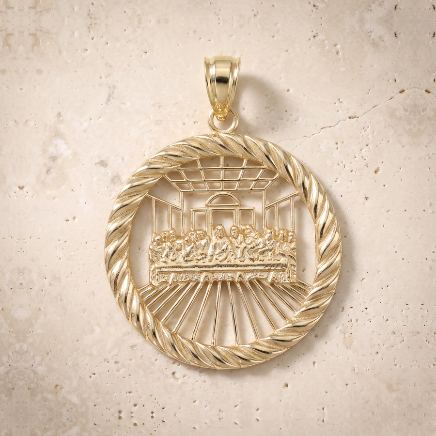 The Last Supper Outline Circle Pendant In 14K Solid Gold