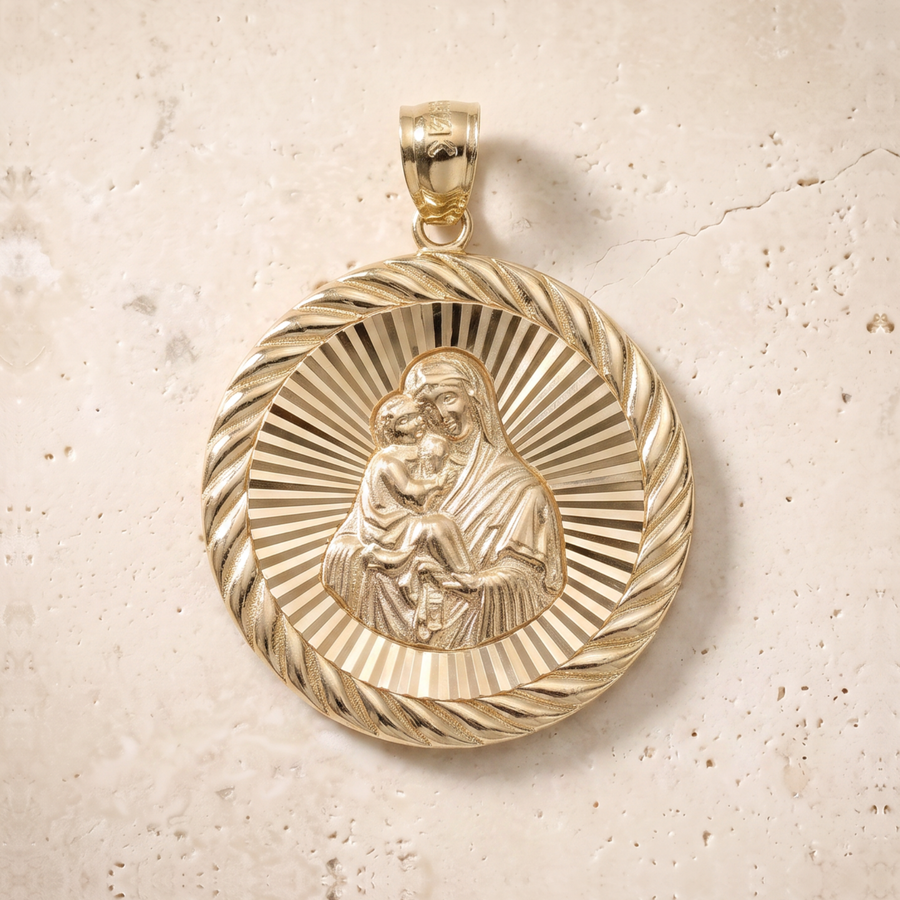 Virgin Mary & Baby Jesus Circle Pendant In 14K Solid Gold