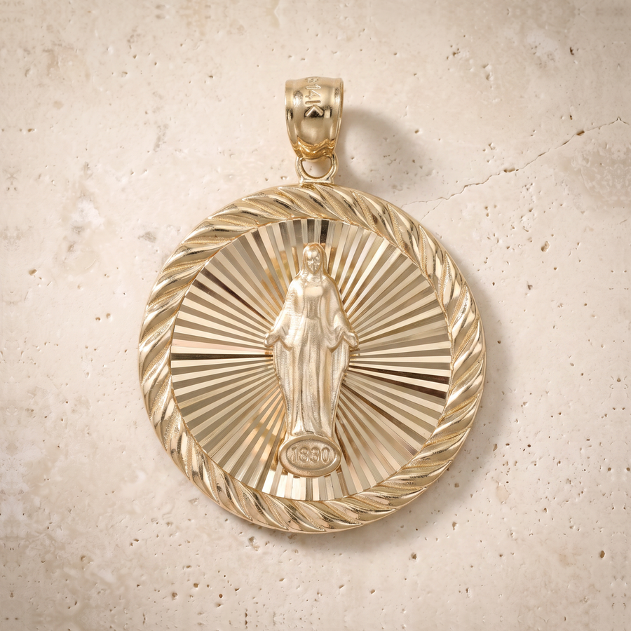Miraclous Medal Circle Pendant In 14K Solid Gold