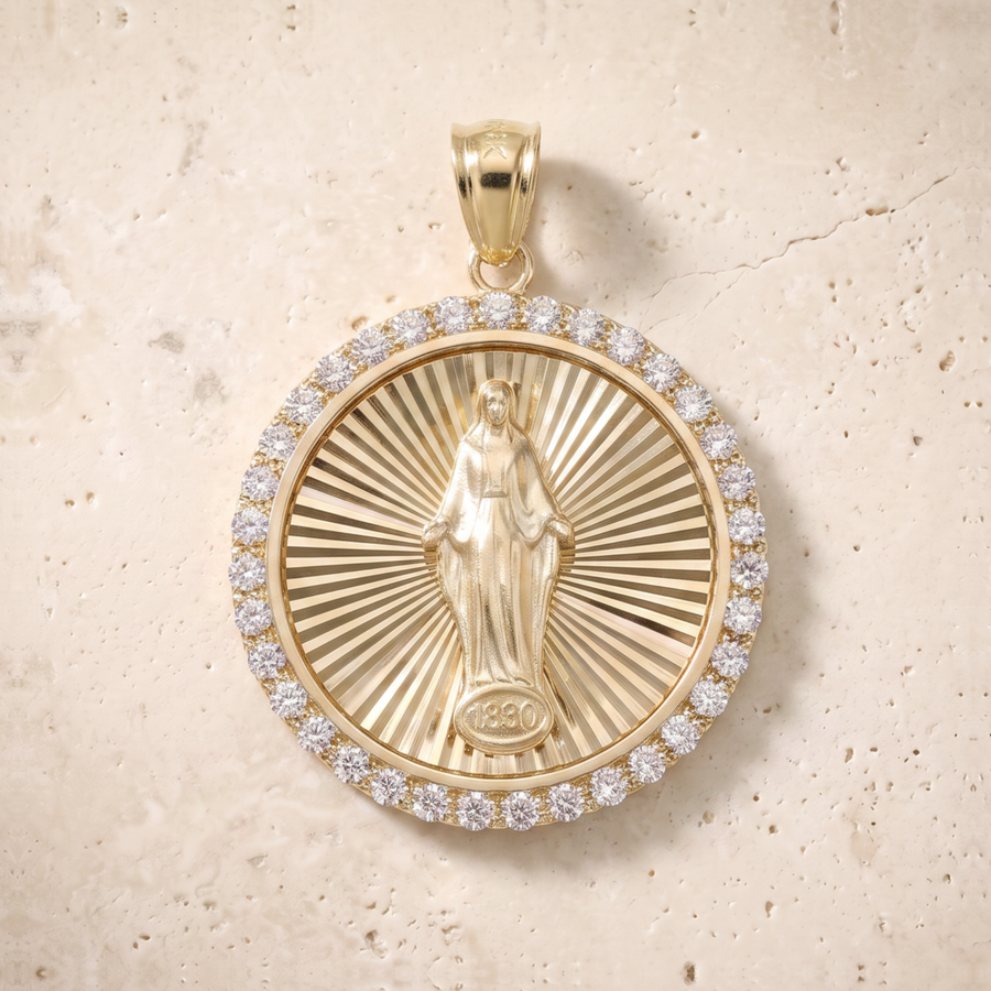 Diamond Virgin Mary & Baby Jesus Circle Pendant In 14K Solid Gold