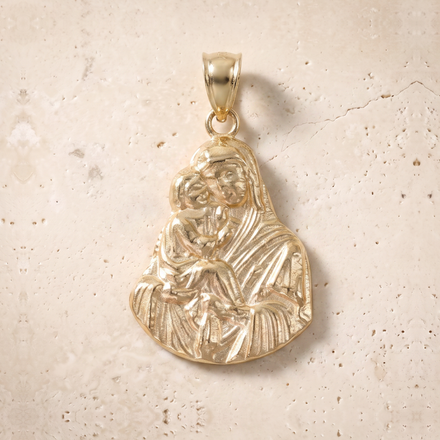 Virgin Mary & Baby Jesus Solo Pendant In 14K Solid Gold