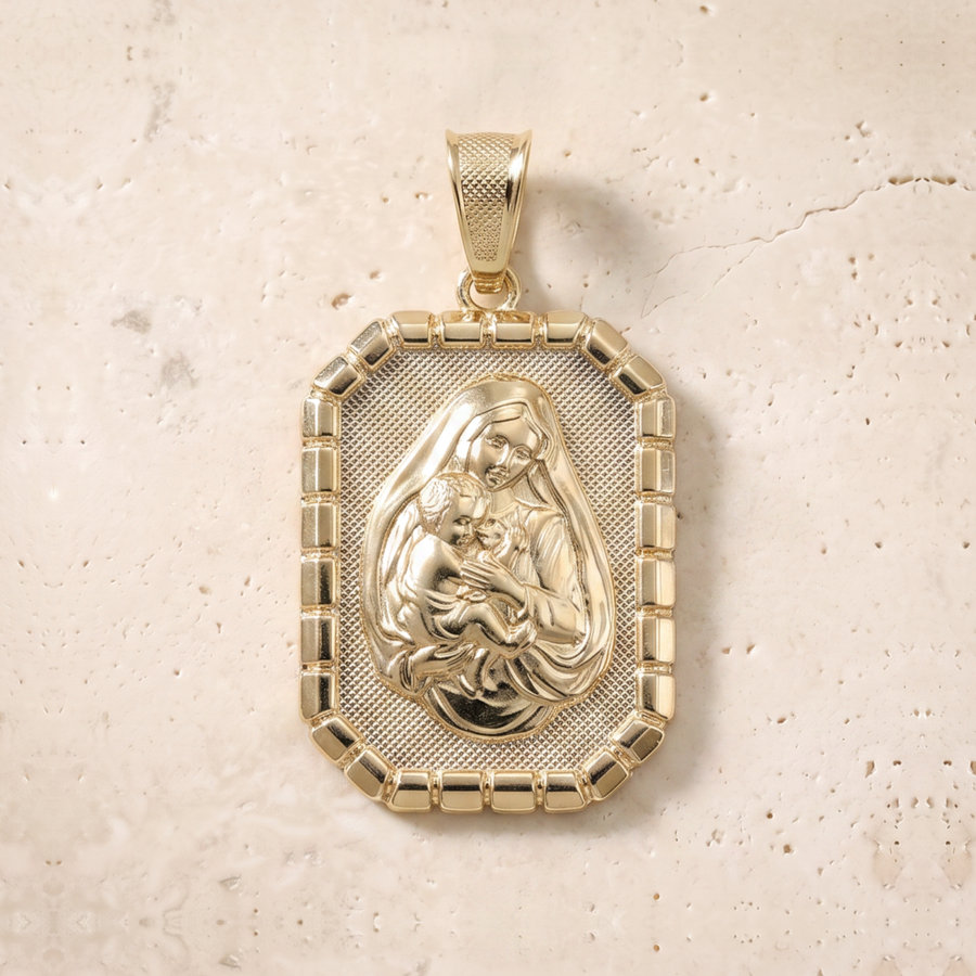 Virgin Mary & Baby Jesus Rectangle Pendant In 14K Solid Gold