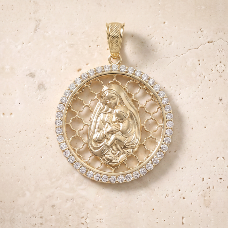 Diamond Virgin Mary & Baby Jesus Circle Pendant In 14K Solid Gold