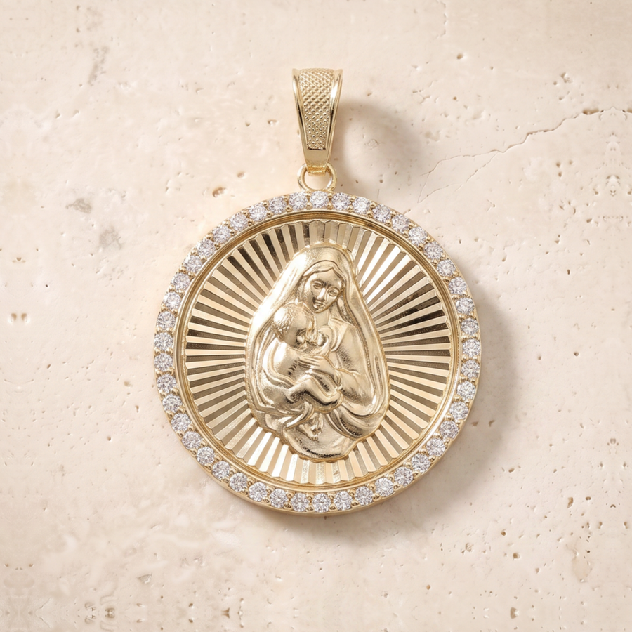 Large Virgin Mary & Baby Jesus Diamond Circle Pendant In 14K Solid Gold