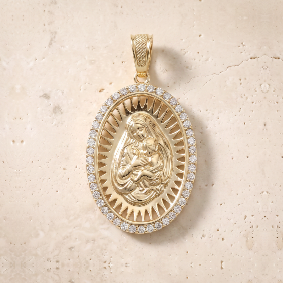 Virgin Mary & Baby Jesus Diamond Oval Pendant In 14K Solid Gold