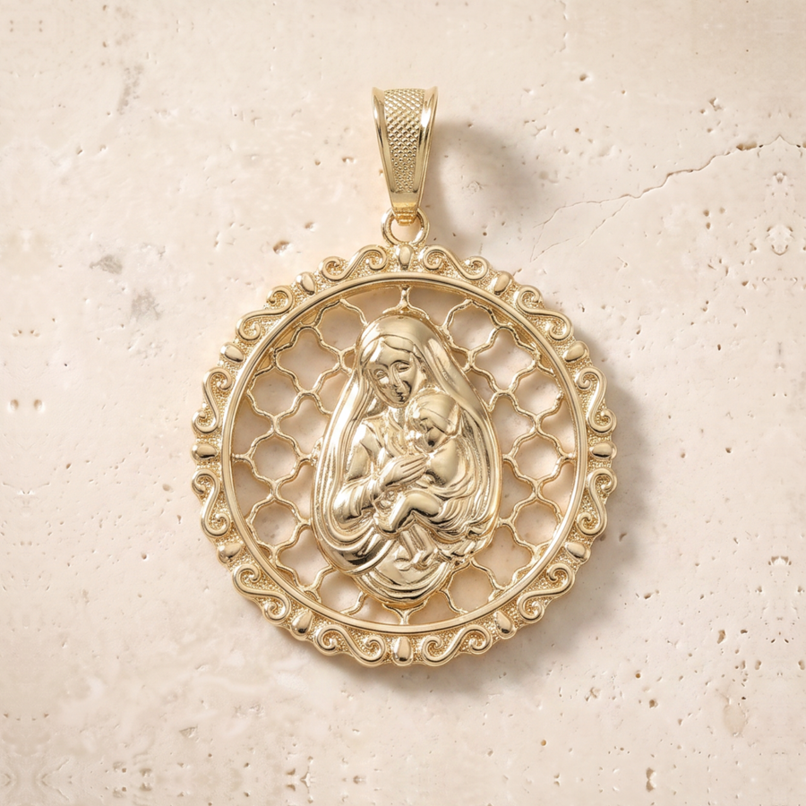 Victorian Virgin Mary & Baby Jesus Circle Pendant In 14K Solid Gold