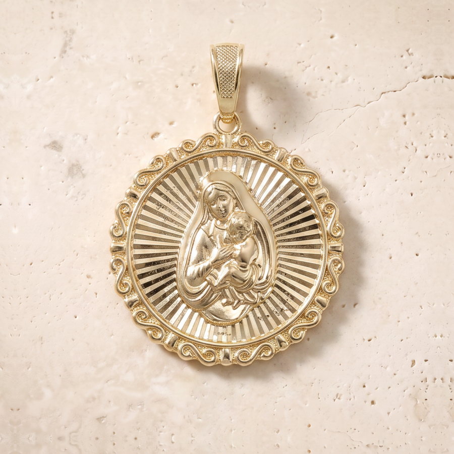 Victorian Virgin Mary & Baby Jesus Circle Pendant In 14K Solid Gold