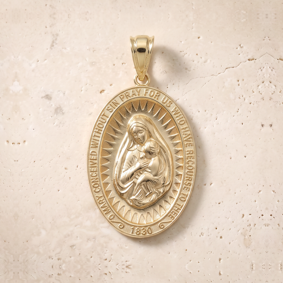 Virgin Mary & Baby Jesus Oval Pendant In 14K Solid Gold