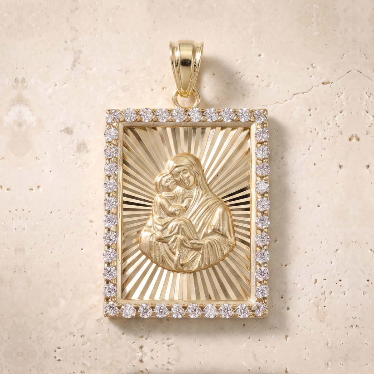 Virgin Mary & Baby Jesus Diamond Square Pendant In 14K Solid Gold