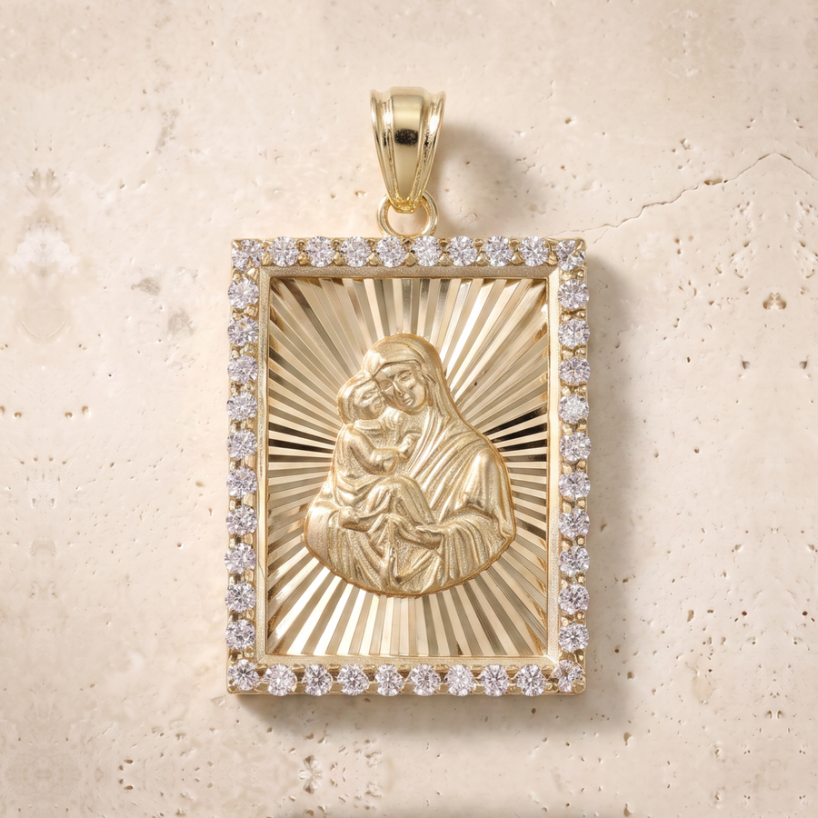 Virgin Mary & Baby Jesus Diamond Square Pendant In 14K Solid Gold