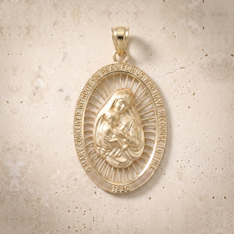Virgin Mary & Baby Jesus Oval Pendant In 14K Solid Gold