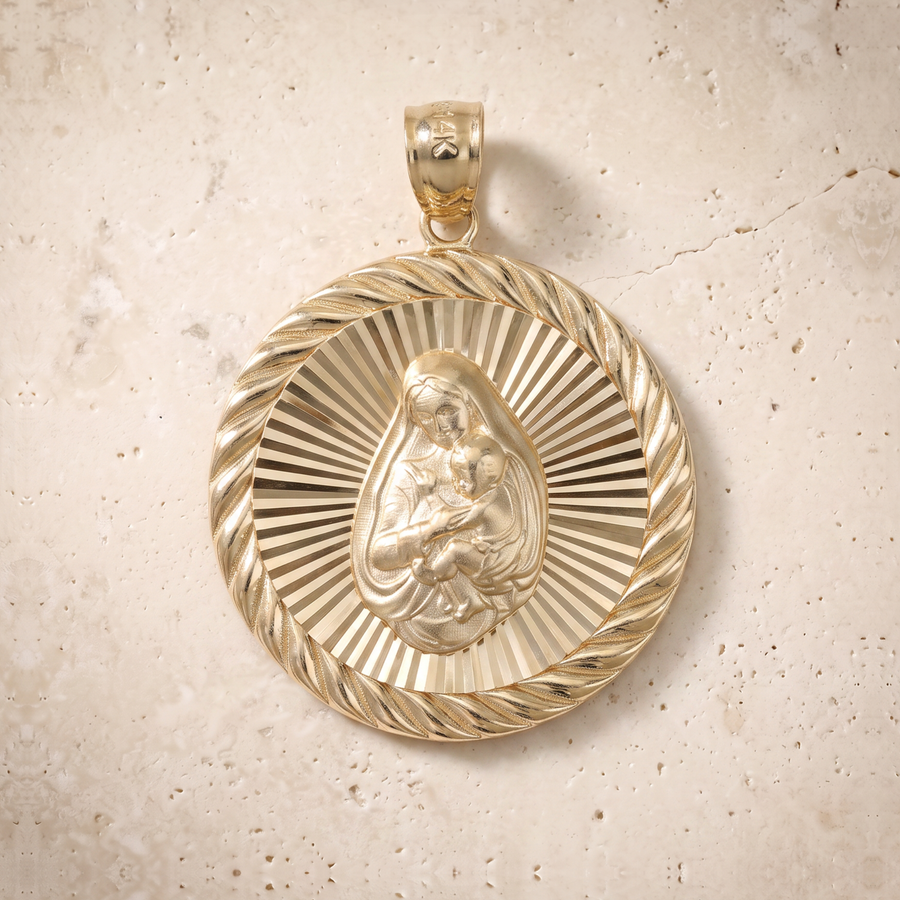 Virgin Mary & Baby Jesus Circle Pendant In 14K Solid Gold