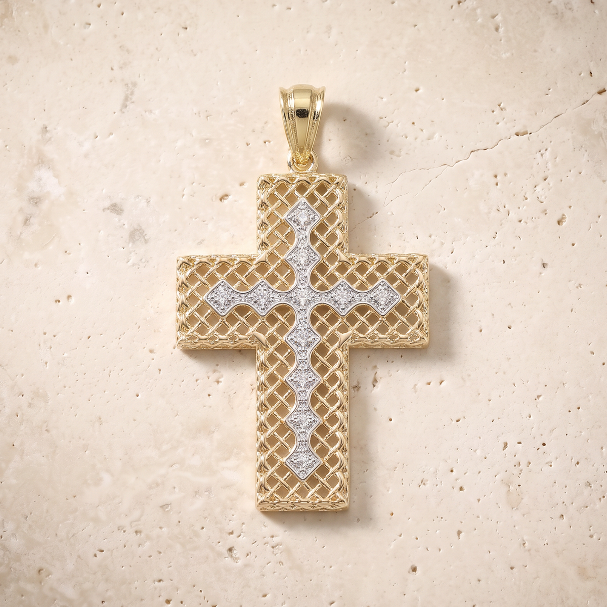 Boxed Diamond Cross In 14K Solid Gold