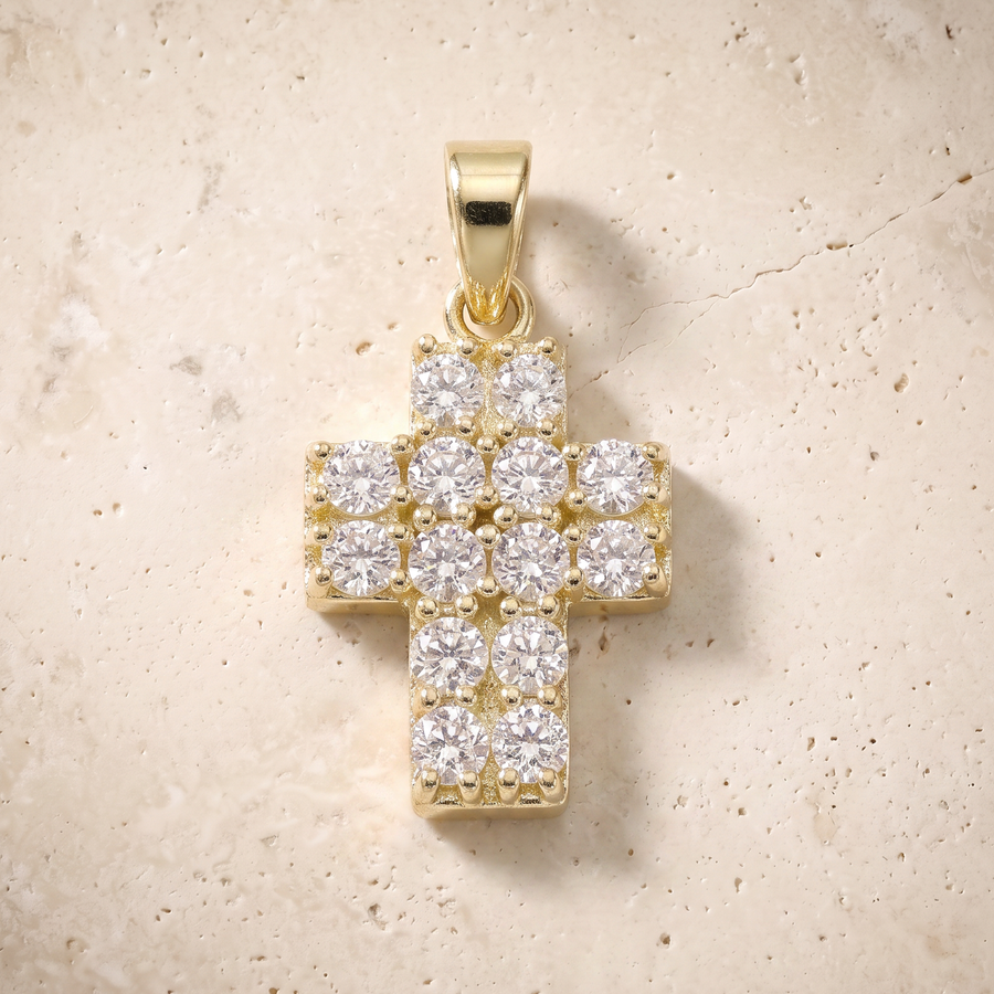 Small 14 Stone Diamond Cross In 14K Solid Gold