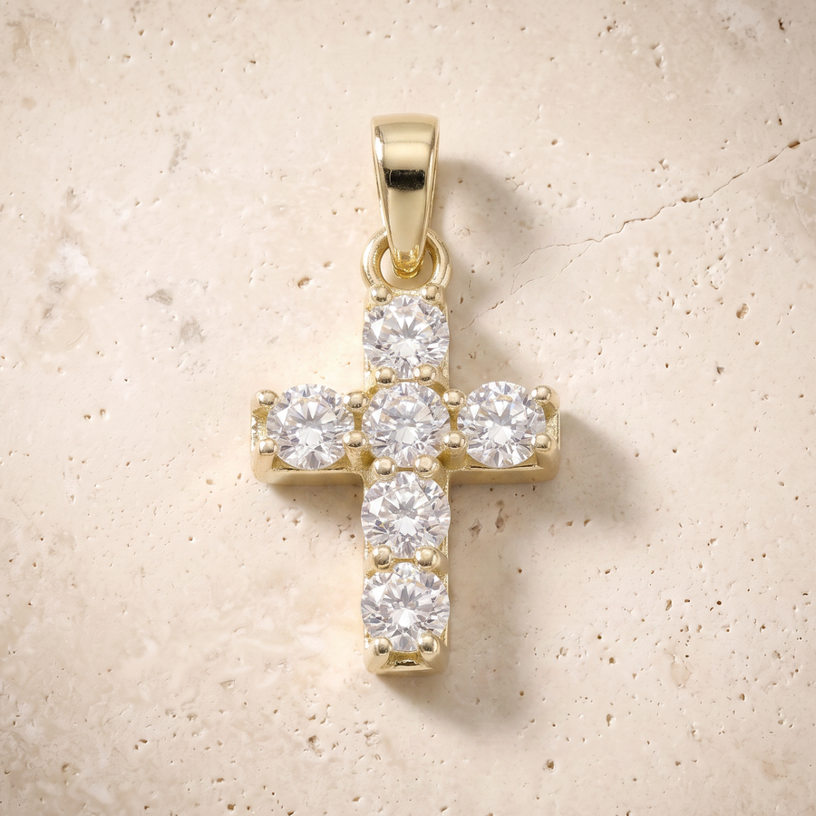 Large 6 Stone Diamond Cross In 14K Solid Gold