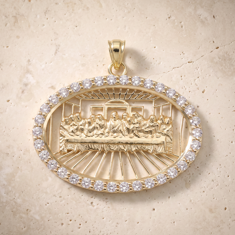 The Last Supper Diamond Sideways Oval Pendant In 14K Solid Gold