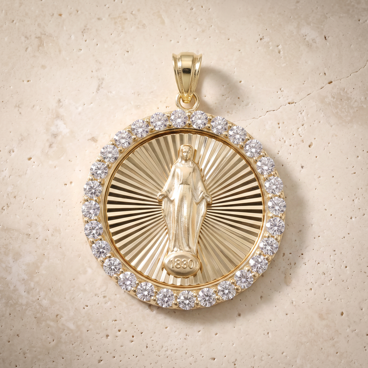 Miraclous Medal Diamond Circle Pendant In 14K Solid Gold
