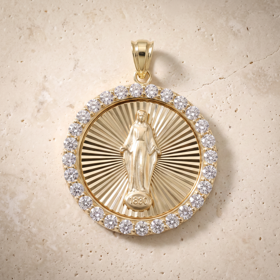 Miraclous Medal Diamond Circle Pendant In 14K Solid Gold