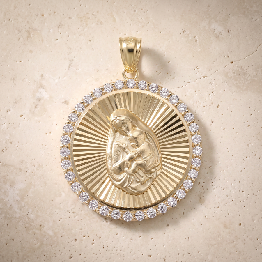Virgin Mary & Baby Jesus Circle Pendant In 14K Solid Gold