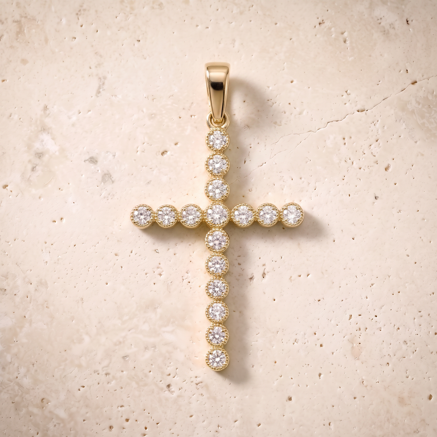 16 Stone Diamond Cross In 14K Solid Gold